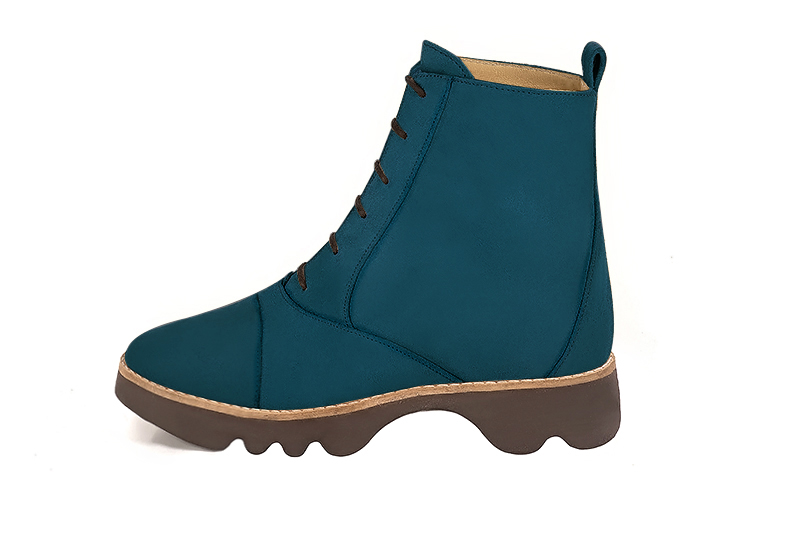 Peacock blue women's ankle boots with laces at the front.. Profile view - Florence KOOIJMAN